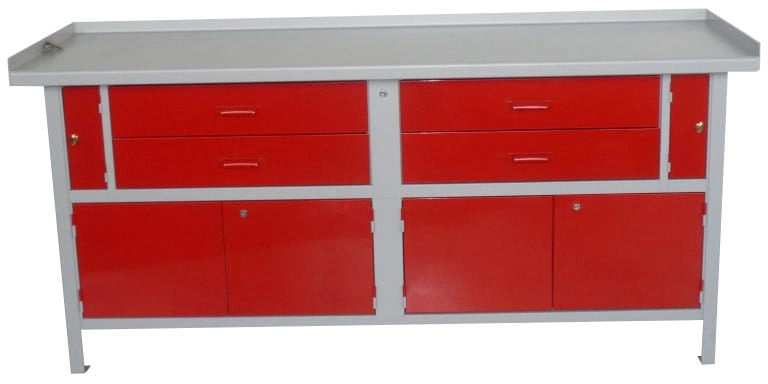 Banco officina monoblocco con top superiore in lamiera di acciaio, vani inferiori e cassetti cm. 200x65x88h