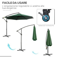 Ombrellone da Esterni Decentrato con Manovella, in Acciaio e Poliestere Anti-UV, 3x2.5 m, Verde