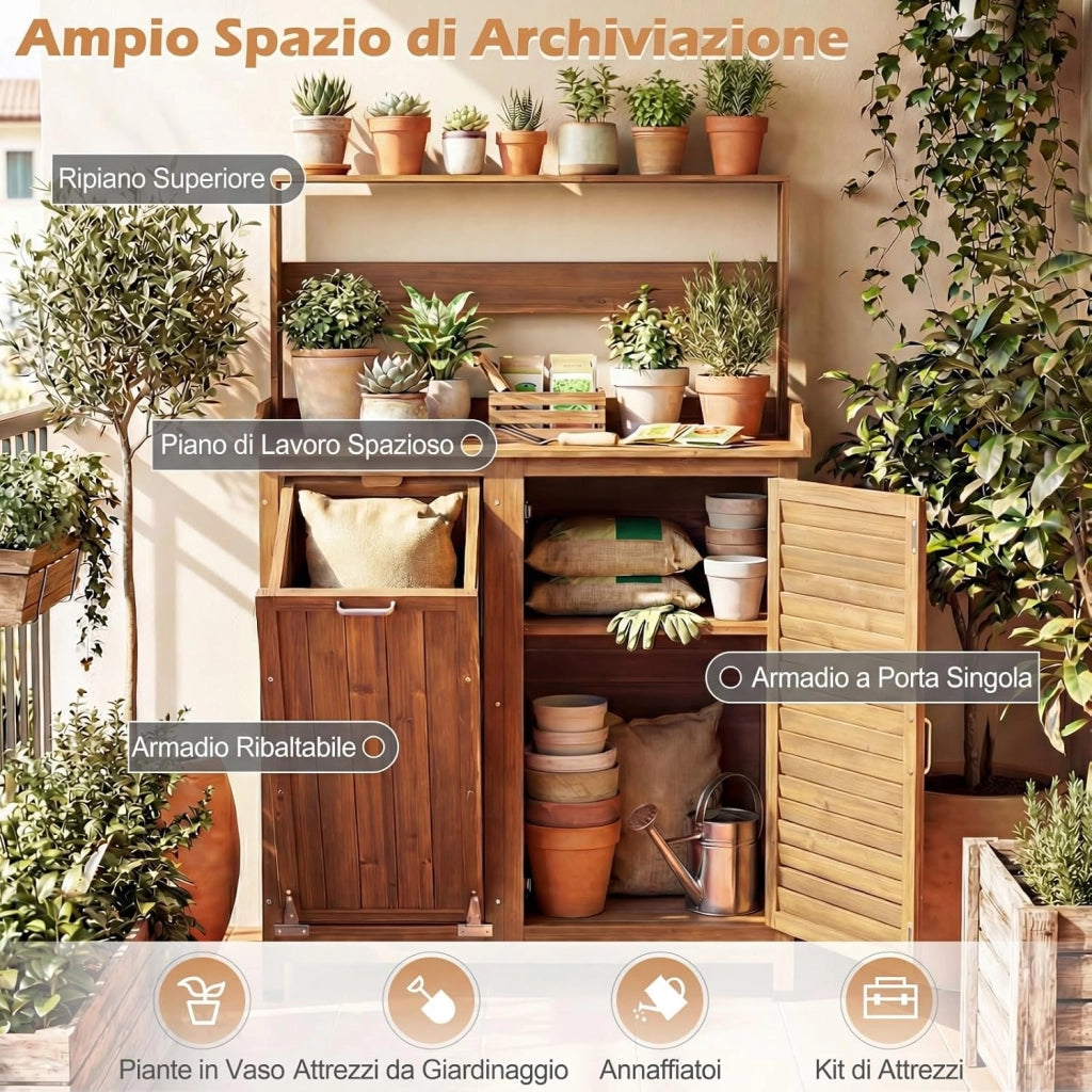 Tavolo da Giardinaggio, Armadietto da Esterno in Legno Massello con Ripostiglio, Ripiani Rimovibili e 2 Ante, Tavolo da Lavoro per Piante da Giardino, Prato e Cortile