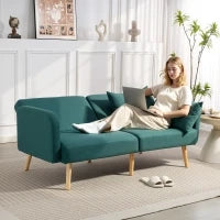 Divano letto clic-clac da 3 posti, con schienale reclinabile e braccioli regolabili, in tessuto effetto lino, Verde