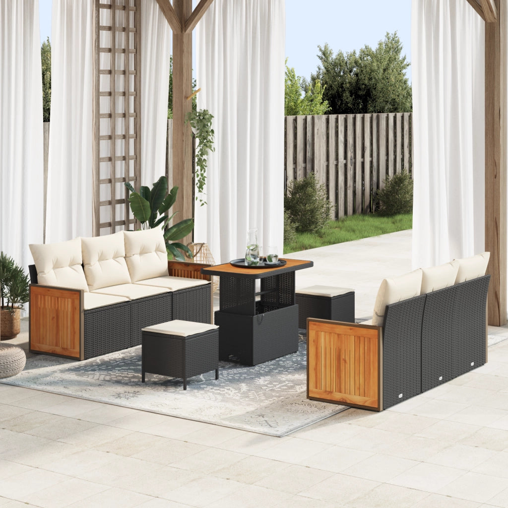 Set da giardino  9 pezzi con cuscini Nero Polyrattan Acacia