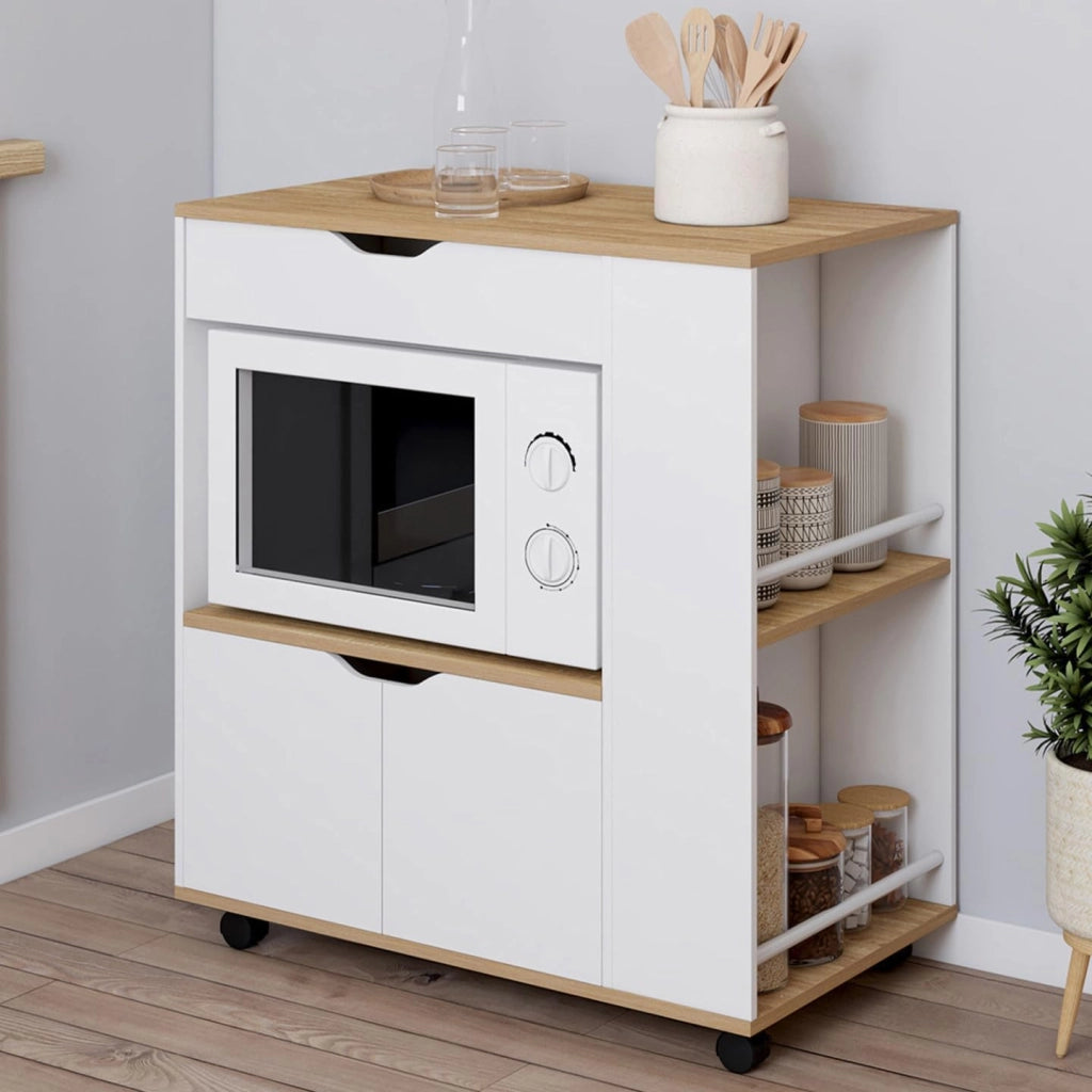 Credenza COSI per microonde con cassetto e ripiani per spezie in legno bianco e vassoi in faggio L.76 cm