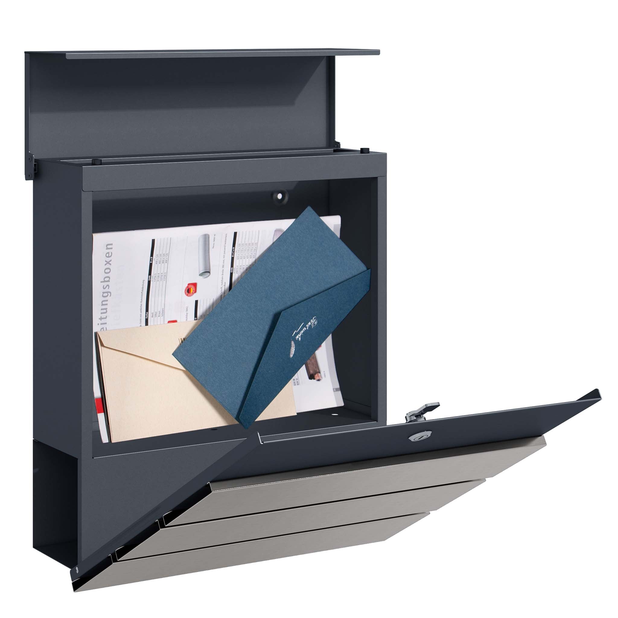 Toboli Cassetta postale con porta giornale, antracite e acciaio inox V64 montaggio a parete