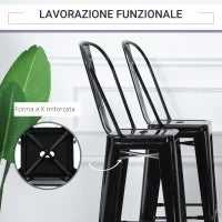 Set 4 Sgabelli Ergonomici con Schienale Rimovibile e Poggiapiedi, Sgabelli da Cucina in Metallo, 44x46x116 cm, Nero