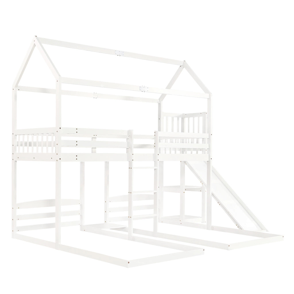 Letto a castello per bambini con scivolo, tetto design, tre posti letto 90x200 cm, bianco