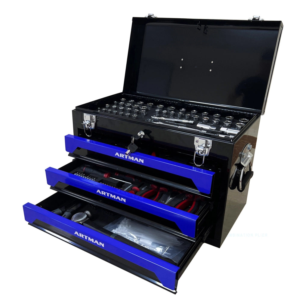CASSETTA ATTREZZI 50x27x35 cm in acciaio nera e blu, 3 cassetti