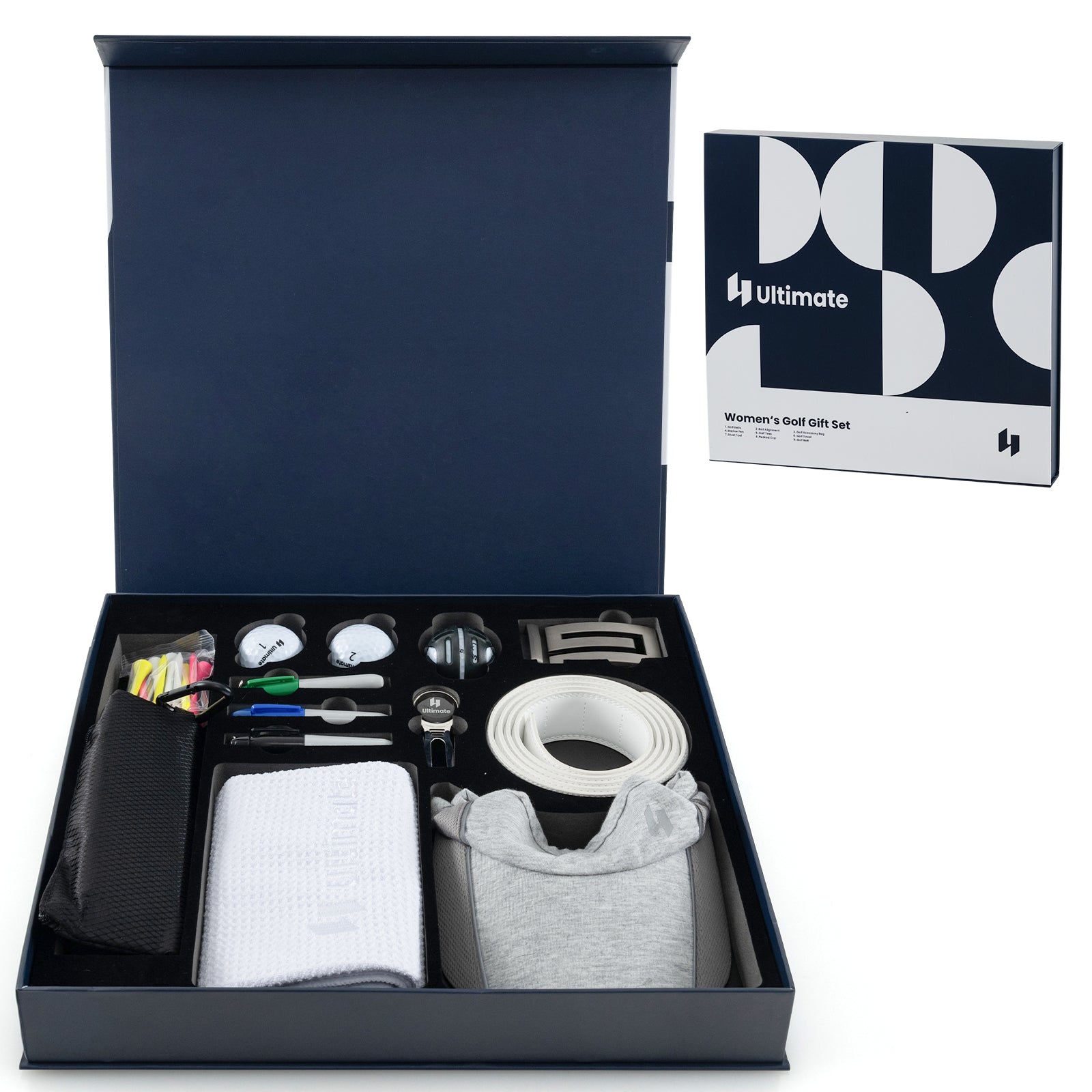 Set regalo completo da golf per donna 36,5 x 34,5 x 5 cm include 3 palline e 12 tee in plastica bianchi e blu navy. 20_0011503