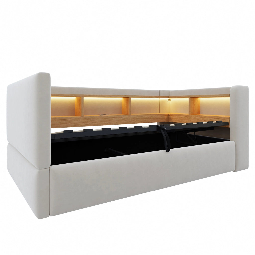 Divano letto imbottito con vano contenitore idraulico, luci LED e prese integrate, 90 x 190 cm, grigio chiaro
