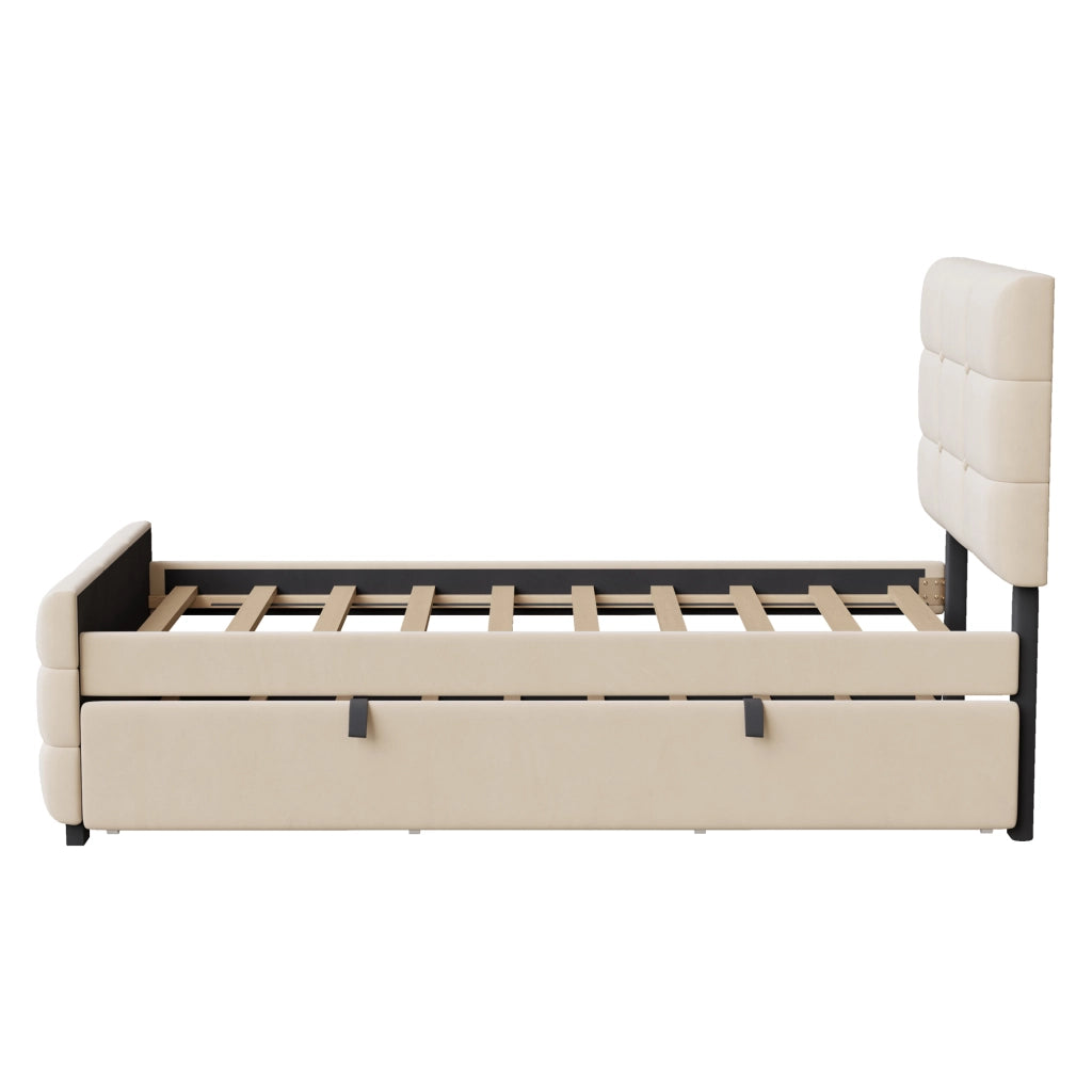 Letto Singolo Imbottito con Letto Estraibile ¨C MINIMAL ¨C Velluto Beige 90x190