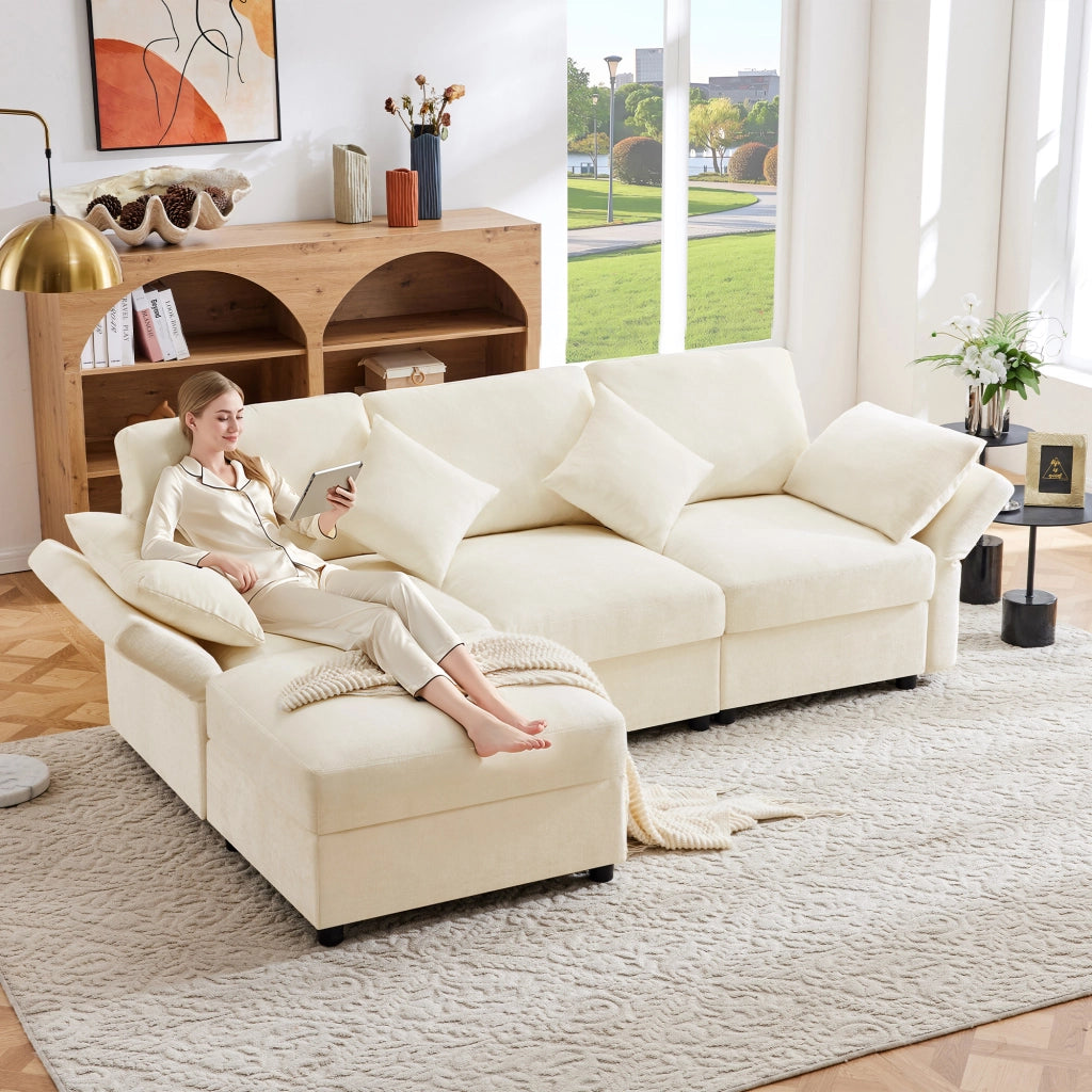 Divano Angolare 3 Posti con Poggiapiedi e Cuscini ¨C MINIMAL ¨C Chenille Beige, Braccioli Regolabili