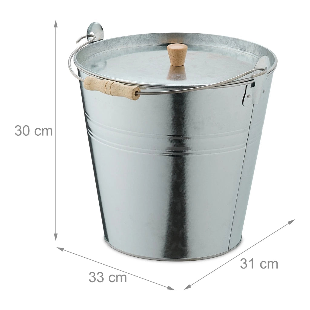 Secchio per ceneri rotondo con coperchio 30 x 30 x 30 cm facile da trasportare per camino e barbecue in acciaio grigio 13_0016396