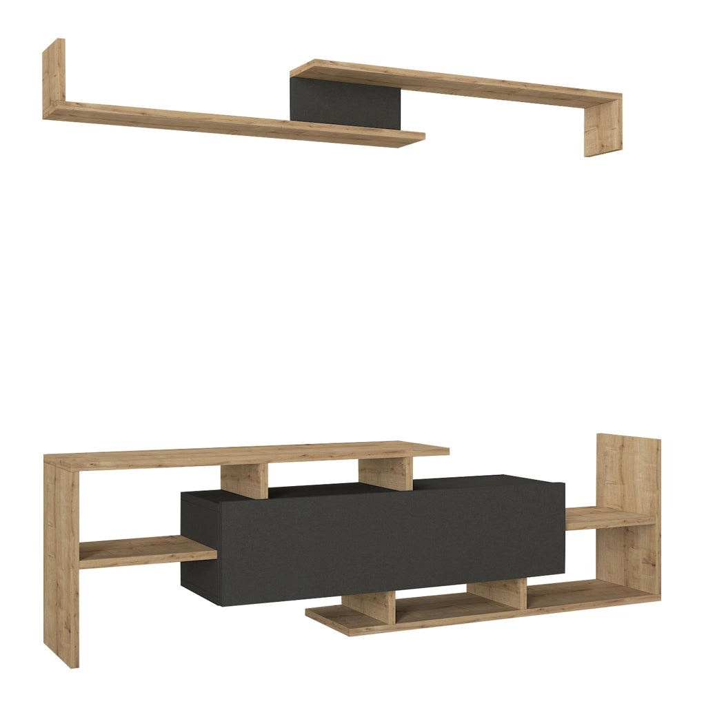 Set Liksefte di Mobile Porta TV e Mensola da Parete - Effetto Rovere Zaffiro / Nero [en.casa]