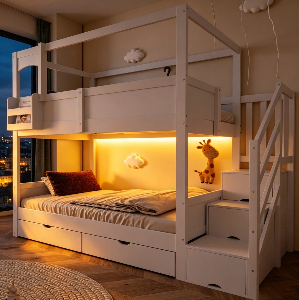 Letto a castello per bambini 90x200 cm con scala contenitore; cassetti e lavagna; bianco