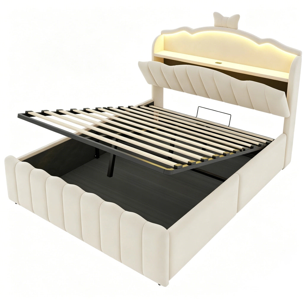 Letto contenitore 2 posti con USB; USB-C; LED regolabile e vani portaoggetti; 140 × 200 cm; senza materasso