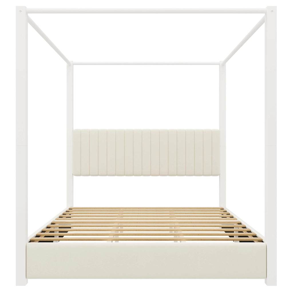 Letto a baldacchino 180x200 cm con testiera imbottita in velluto MDF metallo beige e bianco