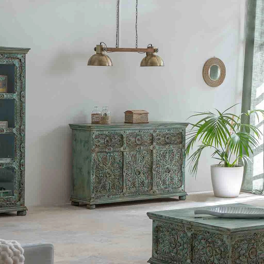 Credenza in legno intagliato verde 147x45x96h