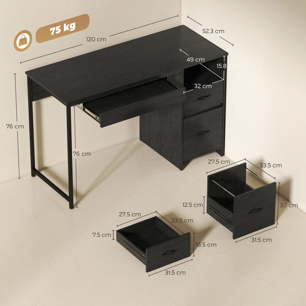 Scrivania da Ufficio Salvaspazio 120x52,3x76 cm con Cassetti in Legno e Acciaio Nero