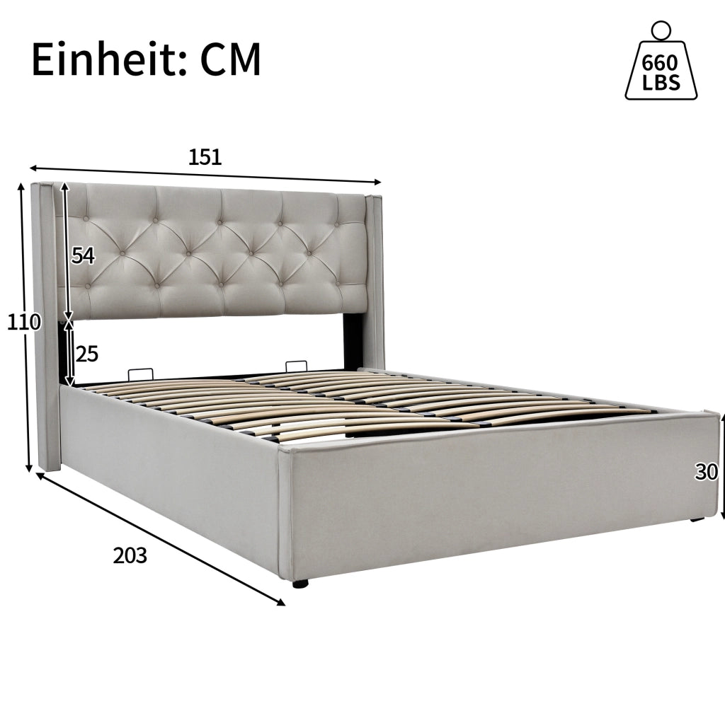 Letto matrimoniale imbottito con contenitore 140x200 cm in cotone grigio chiaro