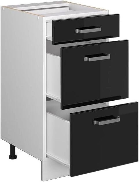 Mobiletto base per cucina R-Line, Nero lucido, 40 cm con cassetti, senza piano di lavoro, per la libera combinazione all'interno di sistemi cucina modulari