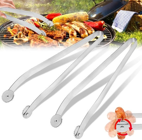 Due paia di pinze per girare salsicce per la griglia, pinze per la griglia con ruote, pinze per la griglia per salsicce girabili, pinze per la griglia in acciaio inossidabile, lunghe pinze da cucina per la griglia girabili per salsicce