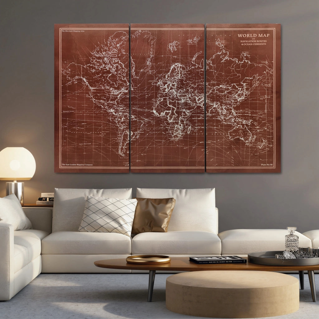 Quadro Triptico Mappamondo Vintage ¨C Zephmum ¨C 120x60 cm Marrone Legno