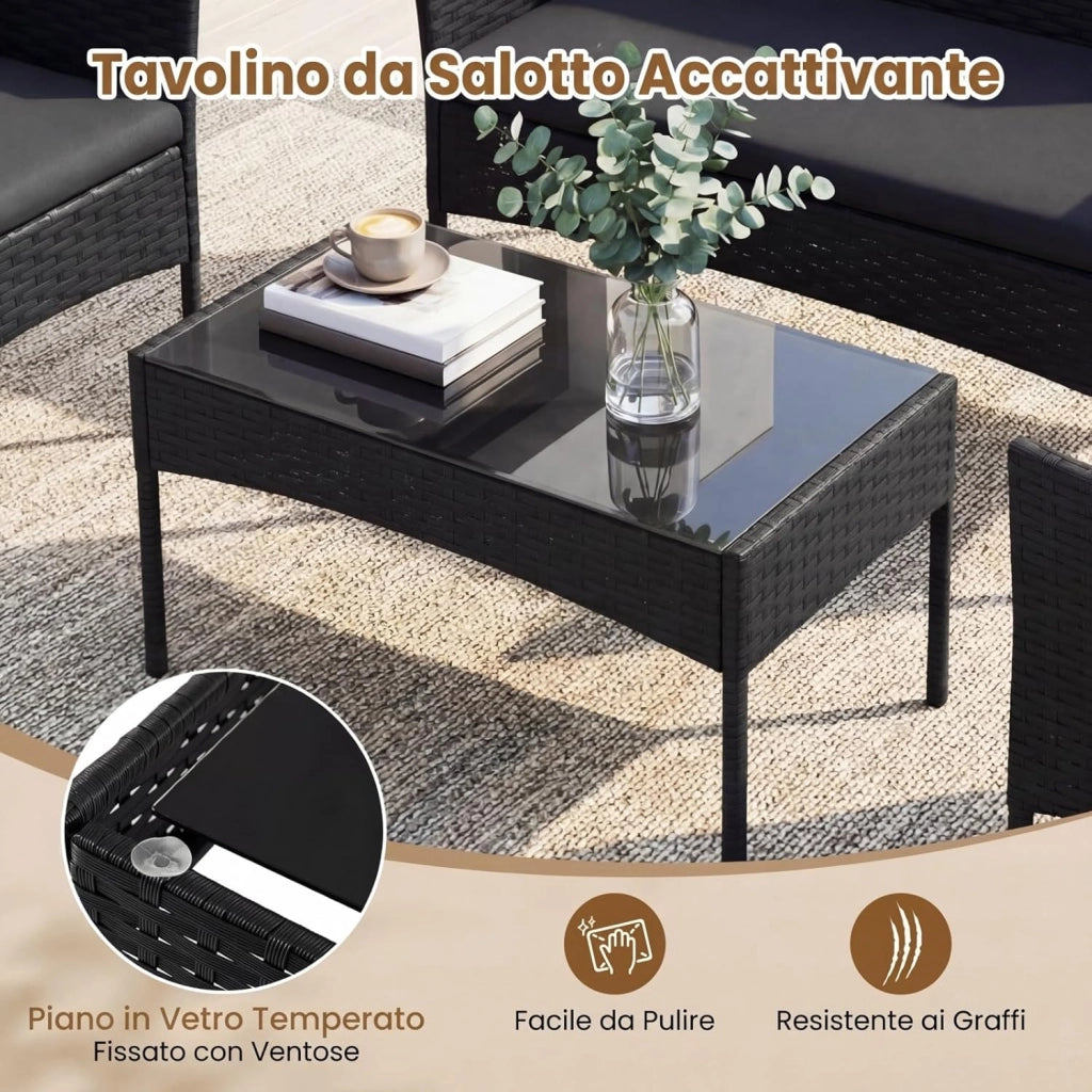 Set Salotto da Giardino 4 Pezzi, Divanetto da Esterno in Rattan PE con 2 Poltrone e Tavolino con Piano in Vetro Temperato, Cuscini Imbottiti, Telaio Metallo per Terrazzo e Balcone (Nero)