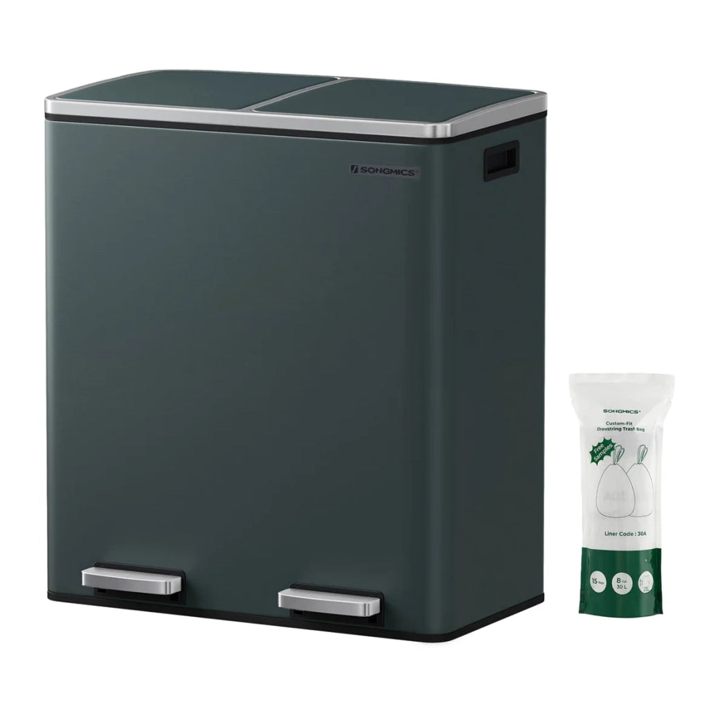 Pattumiera a 2 pedali con doppio scomparto 2 x 30 litri acciaio inox anti-impronta secchio interno in plastica con manico verde 12_0007157