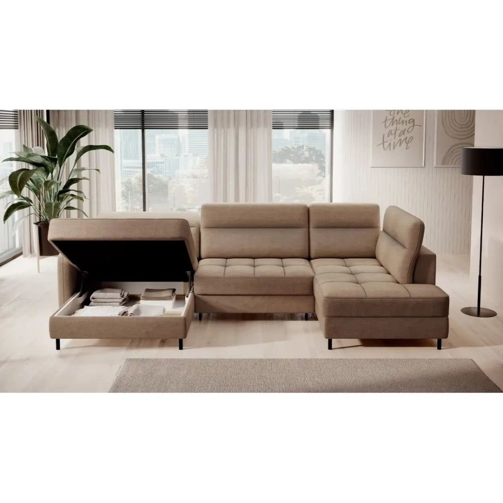 Divano angolare trasformabile BERTHO 306 cm marrone chiaro - Angolo sinistro con contenitore