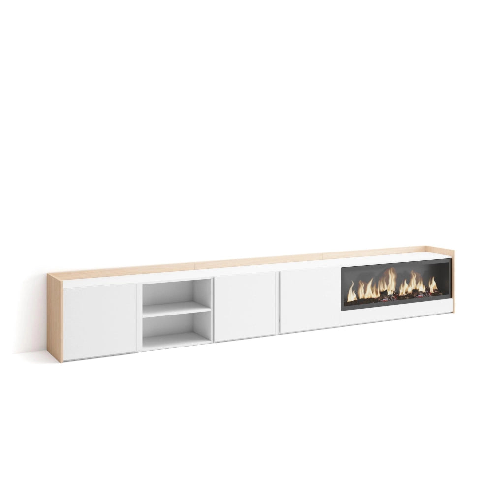 Mobile TV Soggiorno, 315x50x35 cm, Per TV fino a 80", Camino elettrico XXL, Bianco e Rovere soft