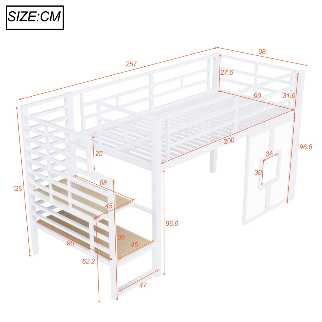 Letto a Soppalco Singolo 90x200 cm; 1 Posto - Scala con Contenitori; LED e Finestre