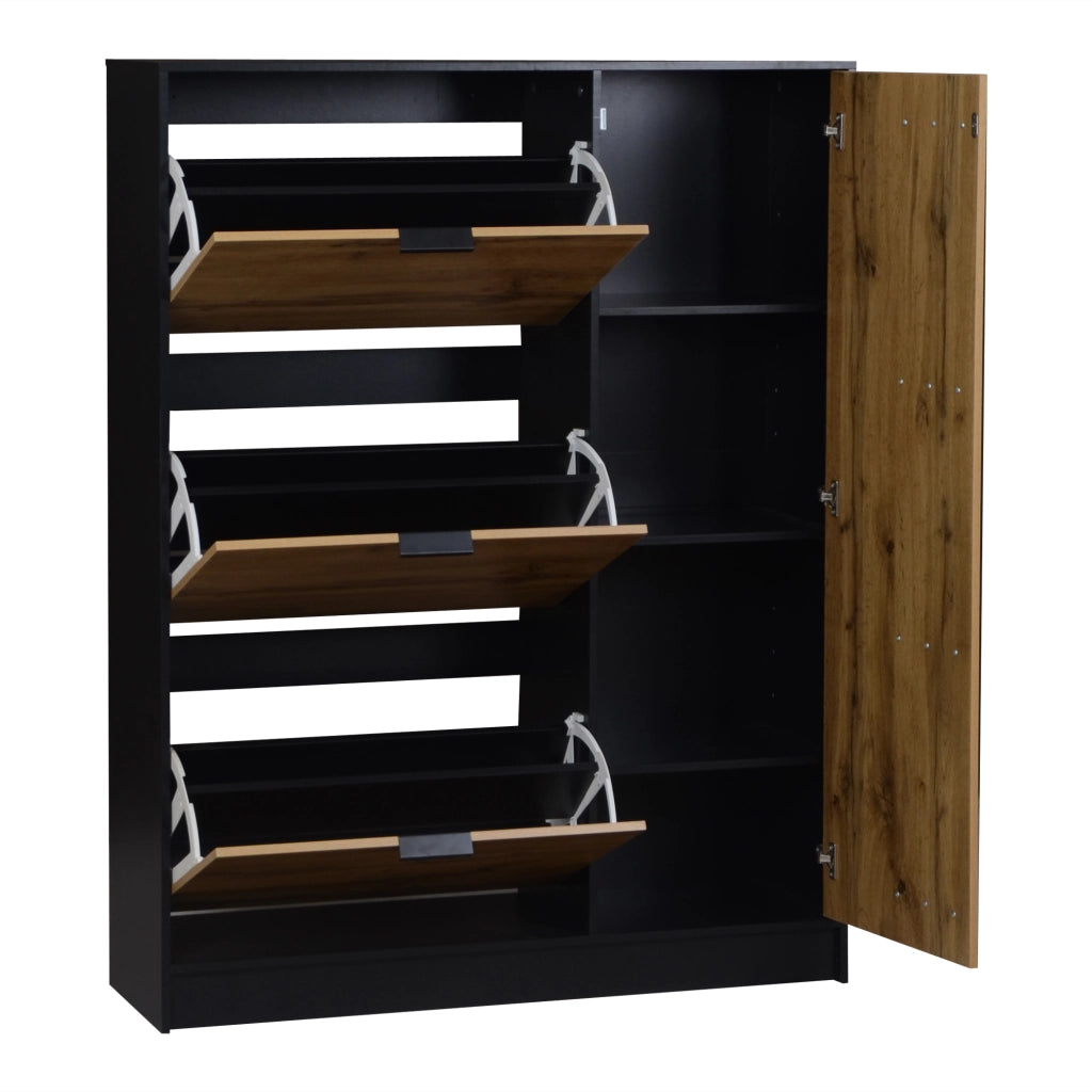 Scarpiera 100x30x130 cm in MDF con 3 ribalte e 1 vano chiuso, finitura naturale e nero