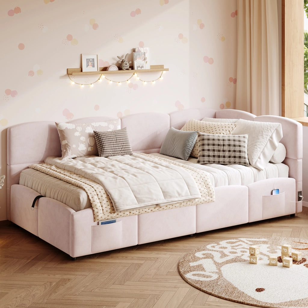 Letto singolo contenitore in velluto rosa 90 x 200 cm con USB