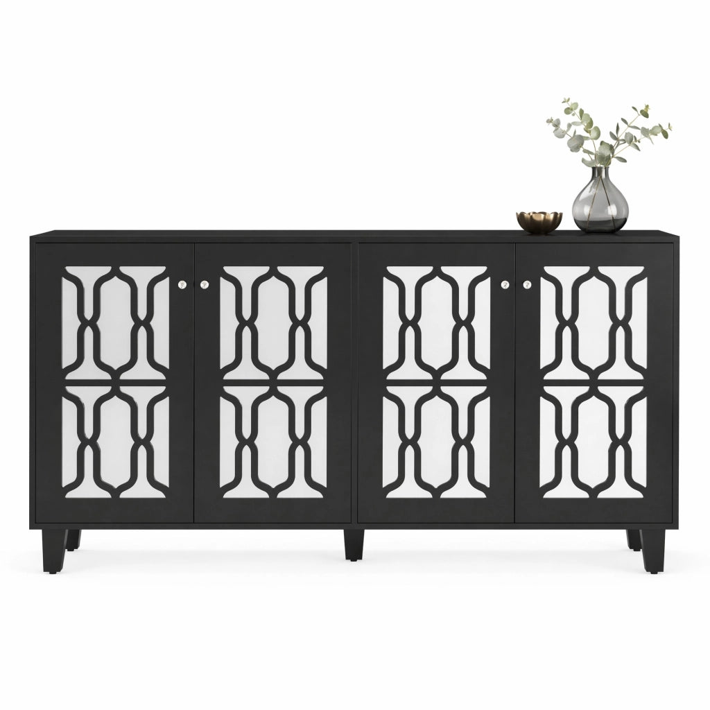 Credenza nera con superficie a specchio; 4 ante e 2 ripiani interni mobili; 160x40x84 cm in MDF