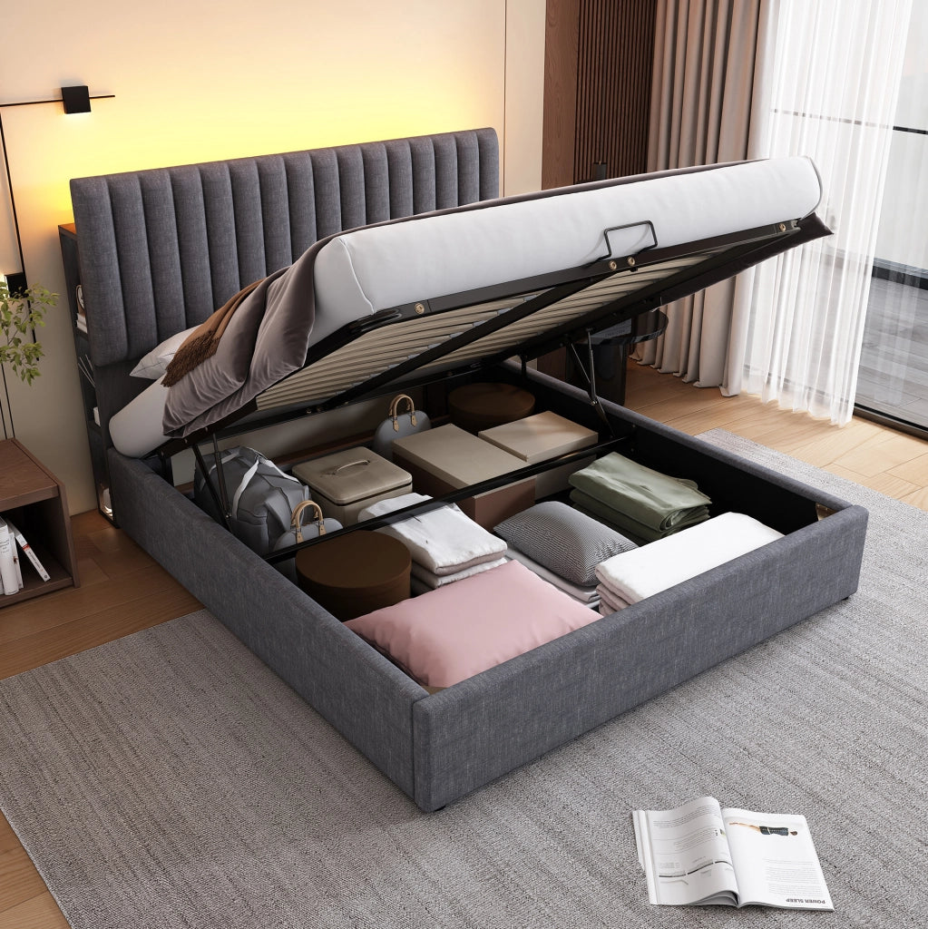 Letto matrimoniale 160x200 grigio con contenitore, LED app e ricarica USB-C