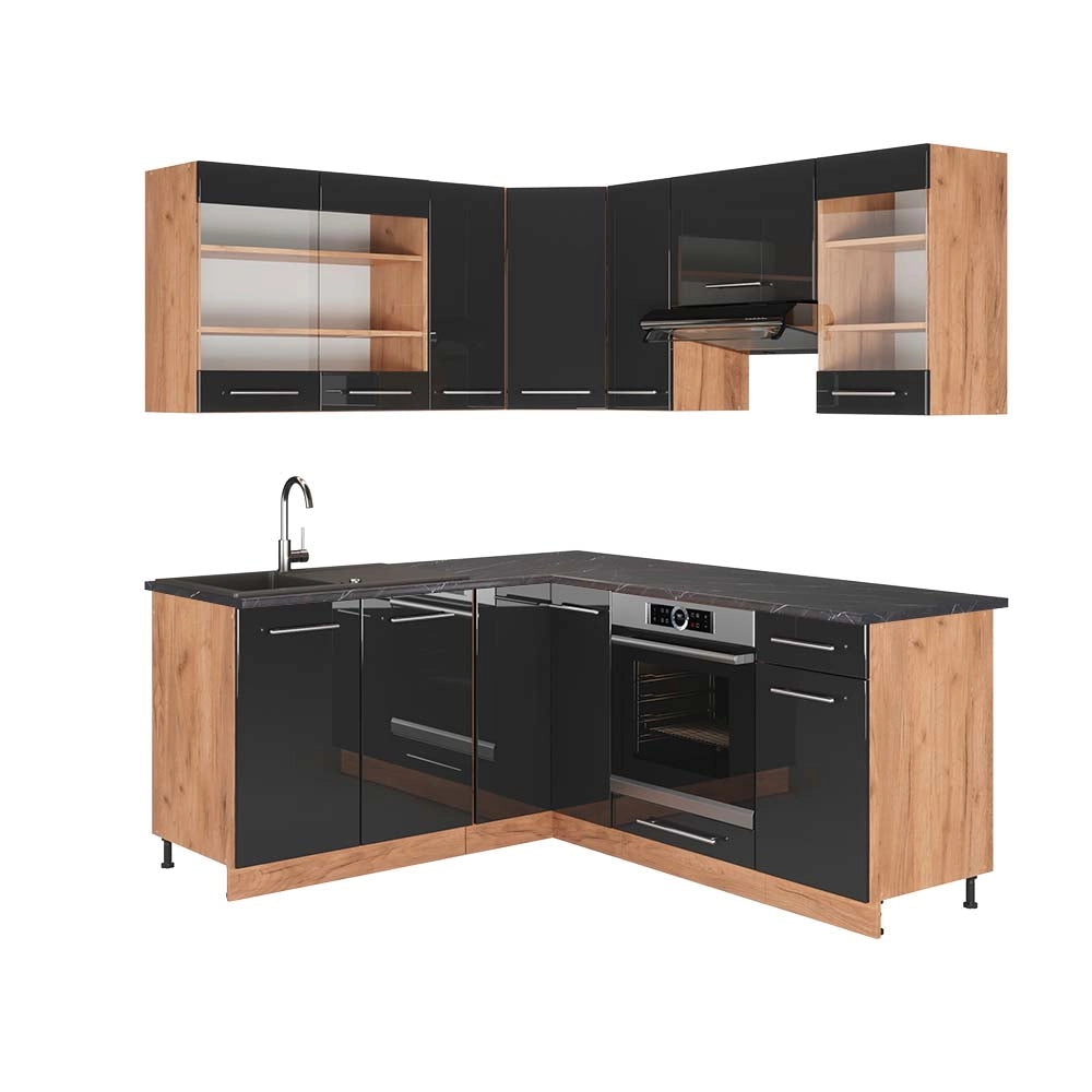 Vicco Cucina angolare completa Antracite lucido/oro power oak 160 x 190 cm , PL Antracite