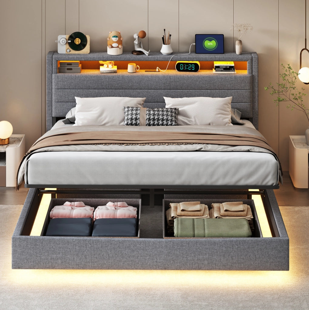 Letto imbottito 160x200 cm con USB; LED e contenitore in lino grigio