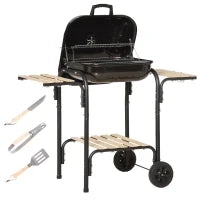 Barbecue a Carbone con Coperchio, Ripiani e Ruote, Completo di Spatola, Pinza e Coltello, Nero