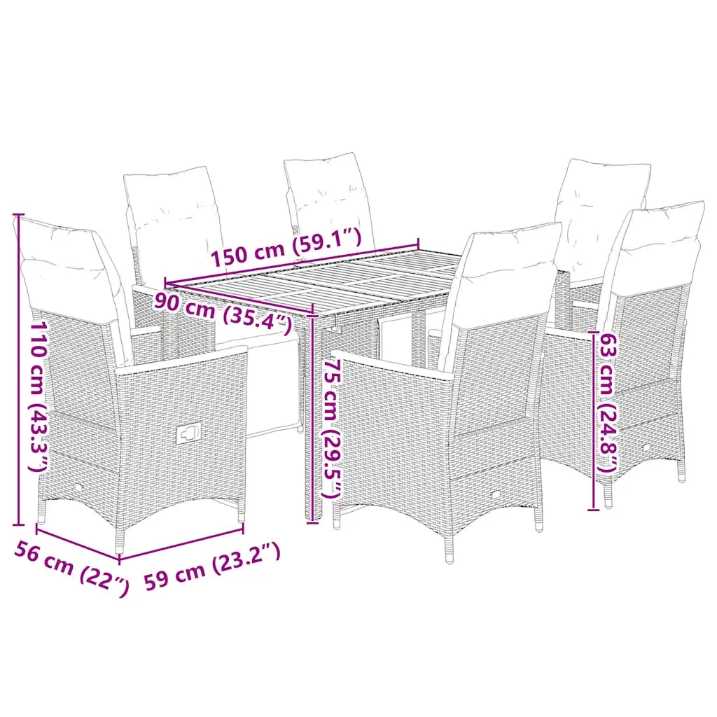 Set da Bistrò da Giardino 7 pz con Cuscini Nero in Polyrattan