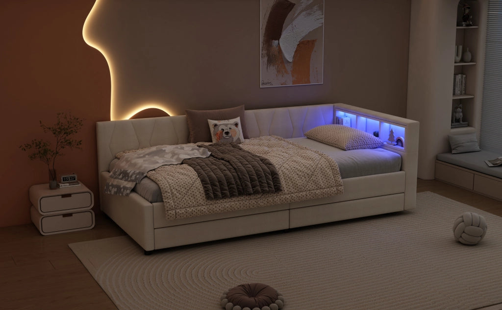 DESMIU Letto a giorno 90 × 200 cm 1 posto con LED, USB e Type-C, 2 cassetti, senza materasso, in lino, beige