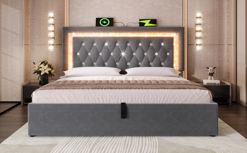 DESMIU Letto contenitore 160 × 200 cm 2 posti con LED, USB e Type-C, senza materasso, in velluto, grigio