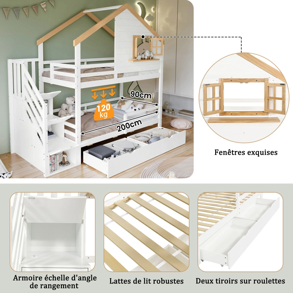 Letto a Castello 90x200 cm con Scala Contenitore; Finestra Apribile e Cassetti