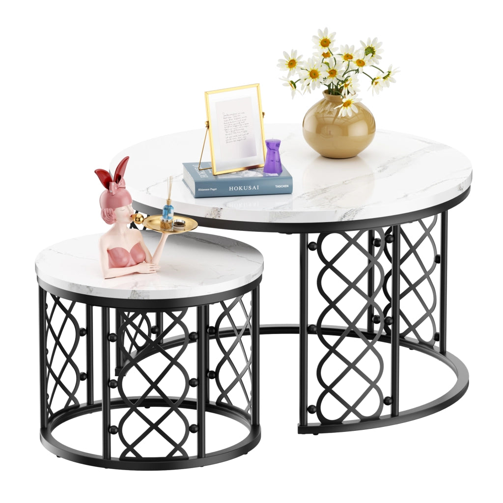 Set di 2 tavolini da salotto effetto marmo bianco con struttura in metallo