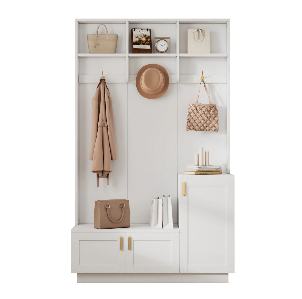 Appendiabiti da ingresso con panca e scarpiera; ripiano regolabile; 120x40x200 cm; bianco