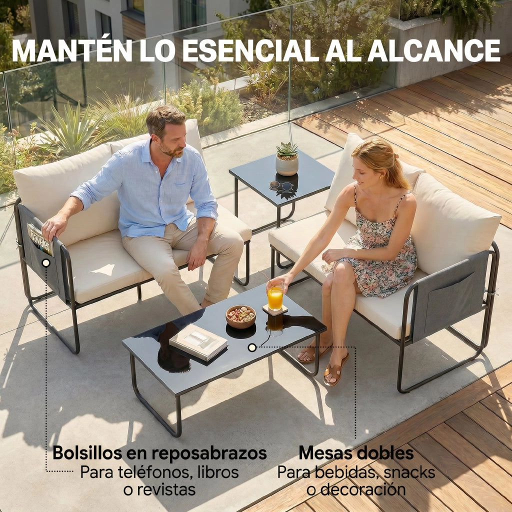Set giardino esterno 4 pezzi ¨C zephmum ¨C 2 divani 2 posti 2 tavolini vetro cuscini copridivano caqui
