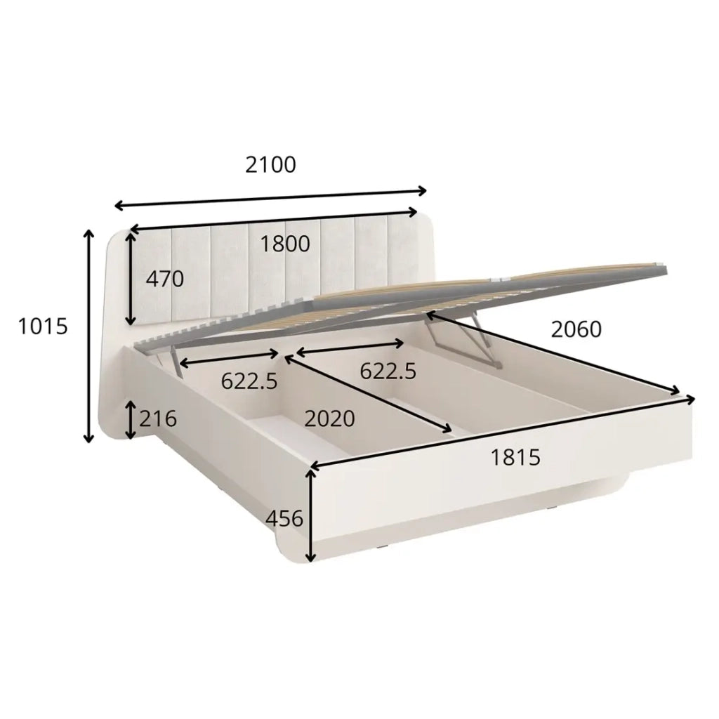 Letto contenitore AMALIE 180x200 cm – Testiera rivestita in tessuto beige – Rete inclusa – Materasso non incluso