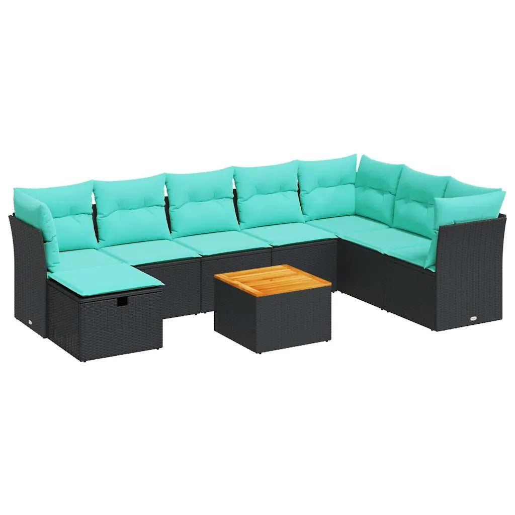 Set Divani da Giardino 9 pz con Cuscini Nero in Polyrattan