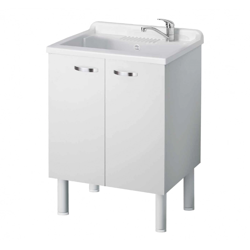 Lavatoio con mobile, lavapanni bianco in nobilitato idrofugo 60x50 cm salvaspazio con vasca in polipropilene  mobile due ante maniglie cromate da interno  Negrari