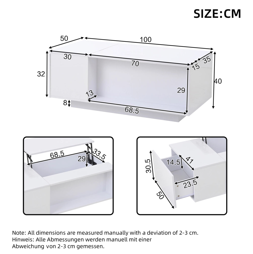 Tavolino da salotto 100x50x40 cm; sollevabile con contenitore nascosto e LED; pannello truciolare bianco