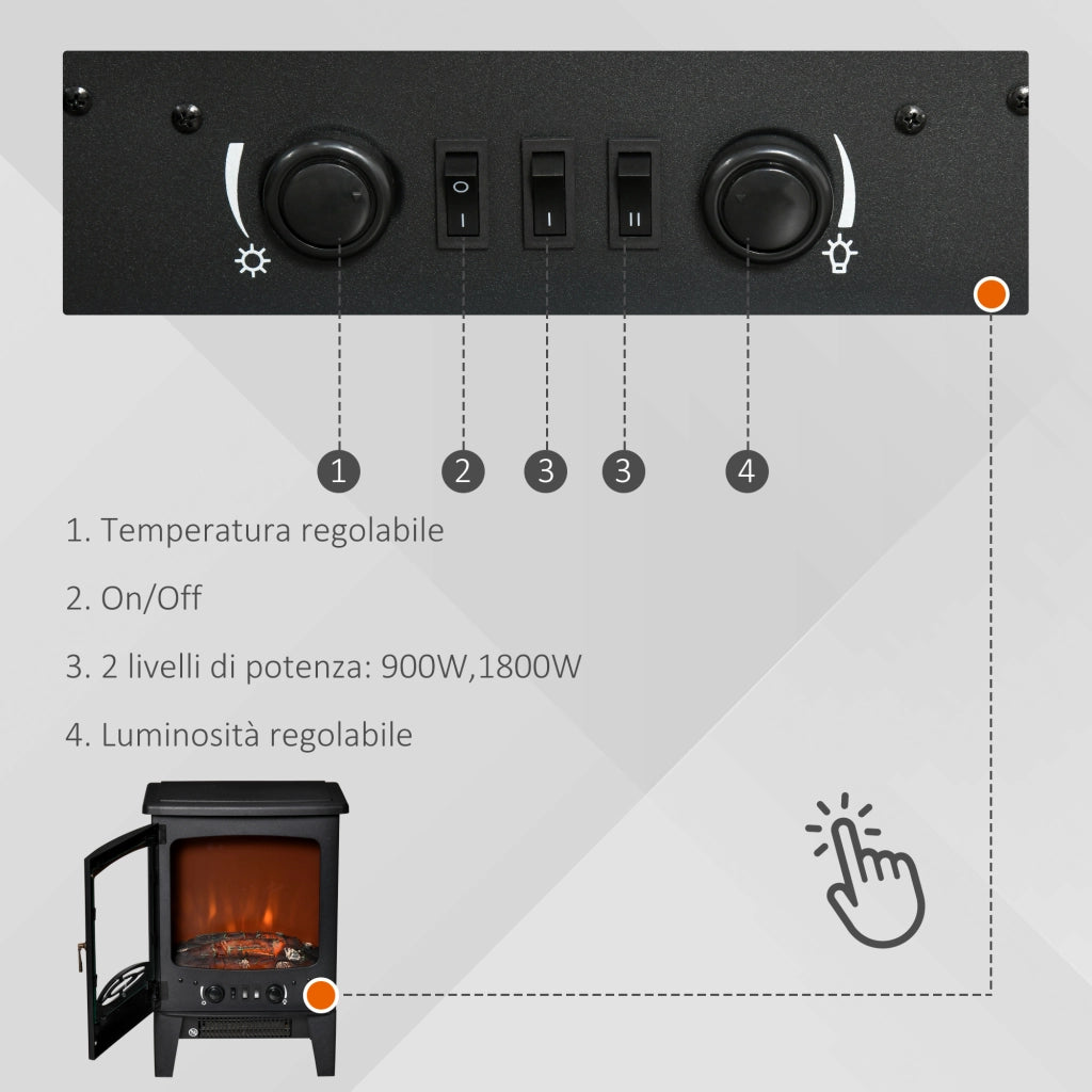 EasyComfort Camino Elettrico da Terra con Effetto Fiamma, Temperatura Regolabile 900W-1800W, Protezione da Surriscaldamento, Copertura 15-20m², 39x26x54.8cm, Nero