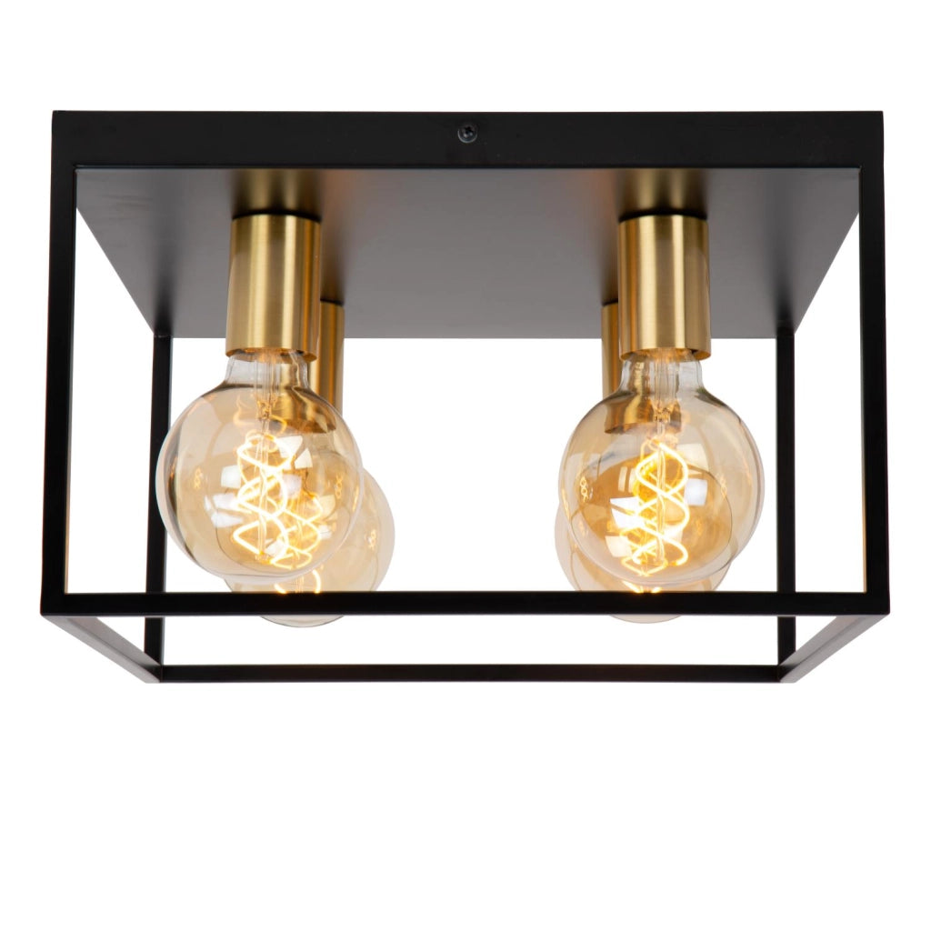 Plafoniera vintage nera oro quadrata 4xE27 Lucide Ruben
